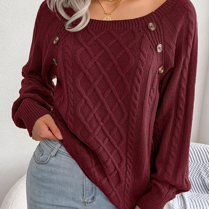 Women’s Textured Lantern Sleeve Sweater – Button Detail Knit Top