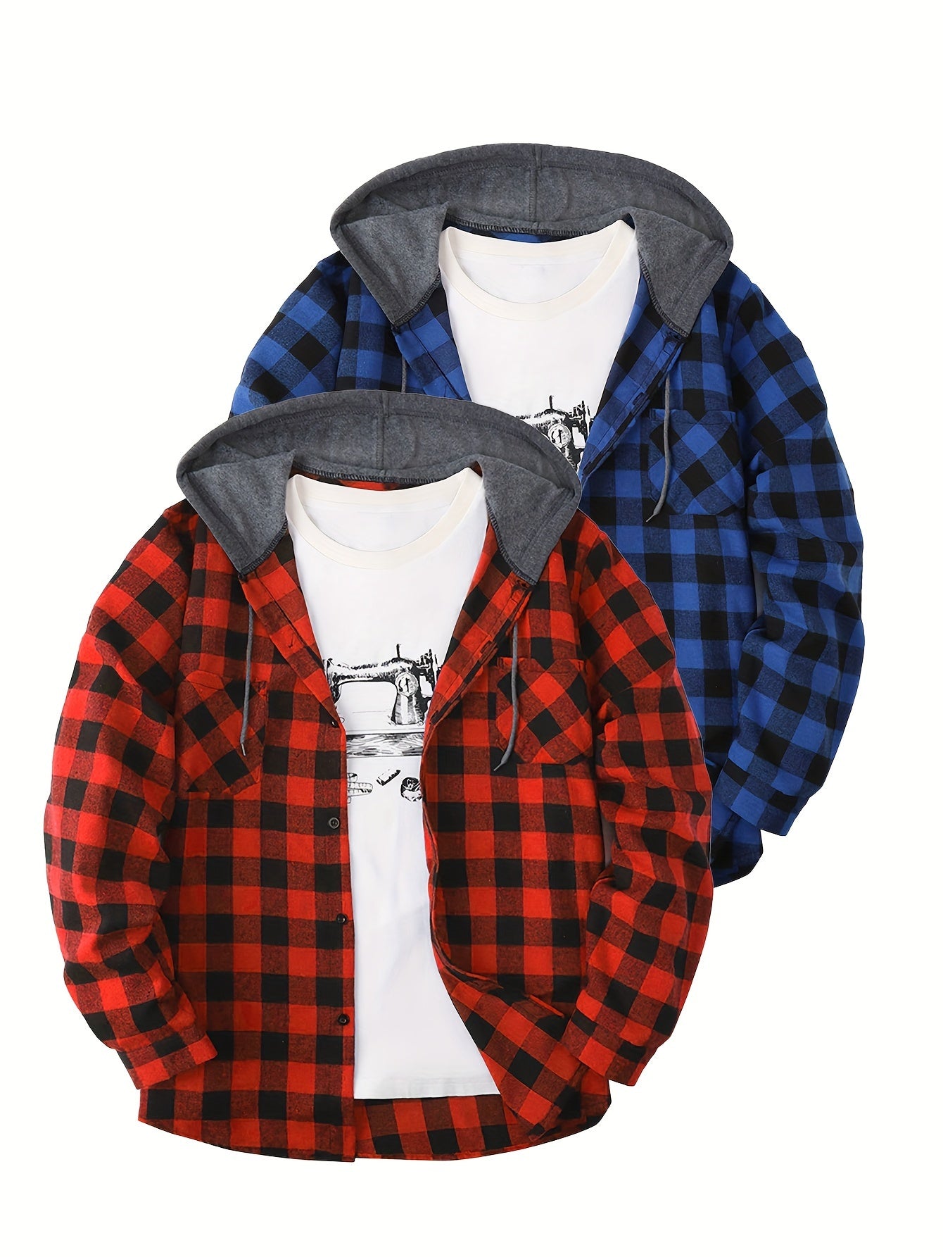 2-Piece Men’s Plaid Hooded Shirts – Button-Up Sweater Jacket Set