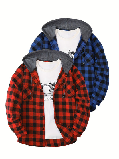 2-Piece Men’s Plaid Hooded Shirts – Button-Up Sweater Jacket Set