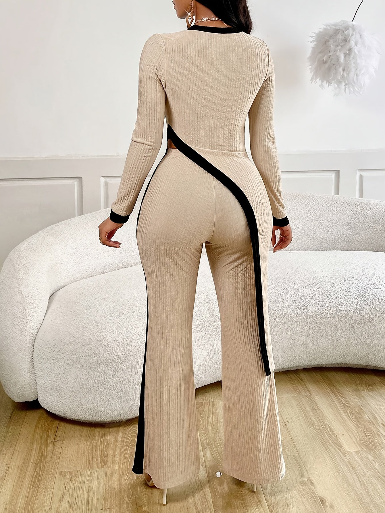 Women’s Elegant Asymmetrical Jumpsuit Set – Crew Neck Top & Flare Pants