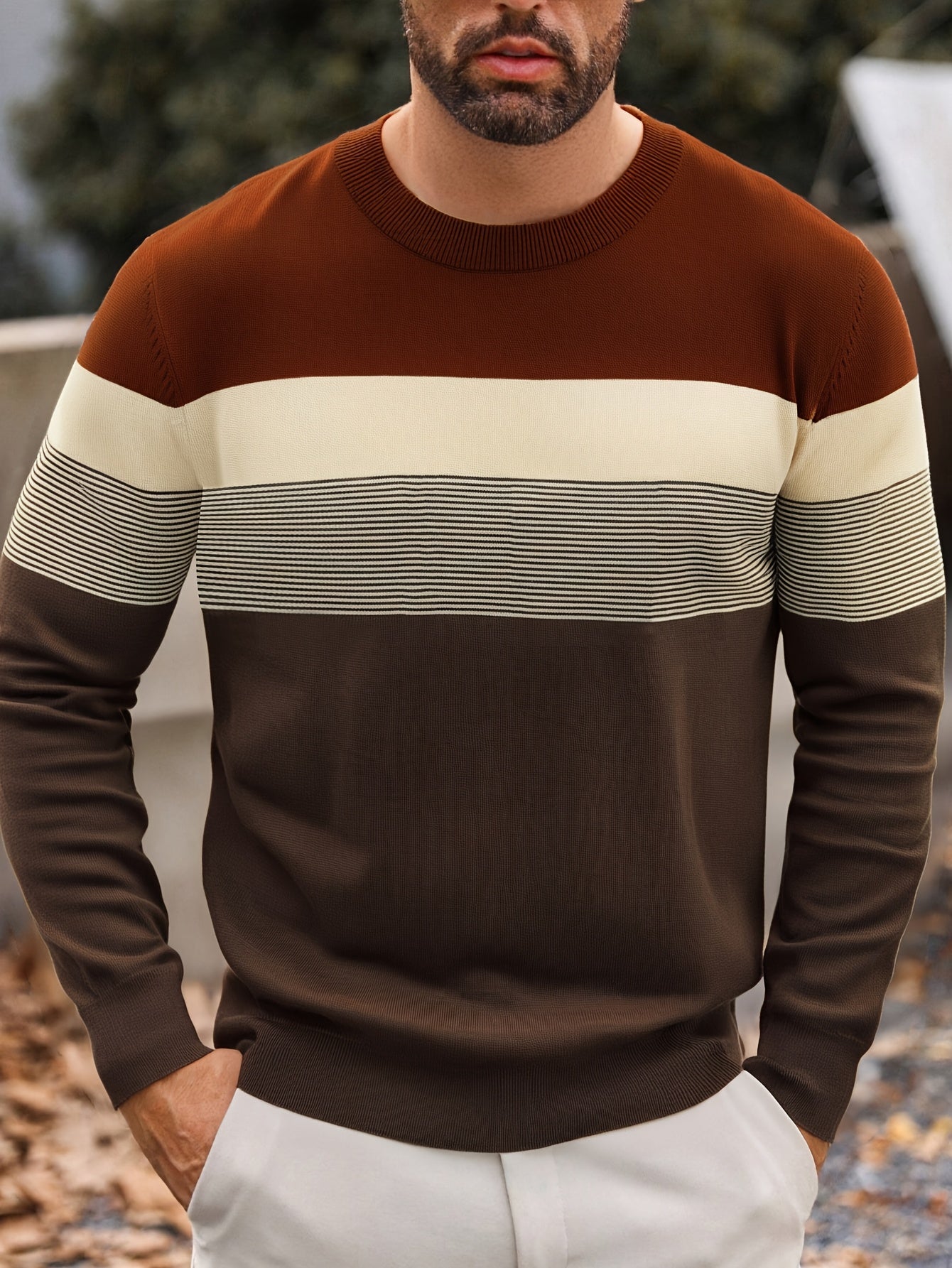 Suéter tipo jersey de punto a rayas para hombre – Clásico, manga larga, cuello redondo