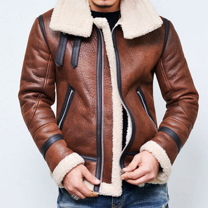 Chaqueta de invierno de piel sintética para hombre - Abrigo con cremallera de cuello alto forrado de piel