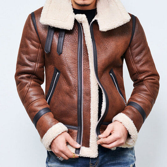 Men’s Faux Leather Winter Jacket – Fur Lined High Neck Zip Coat