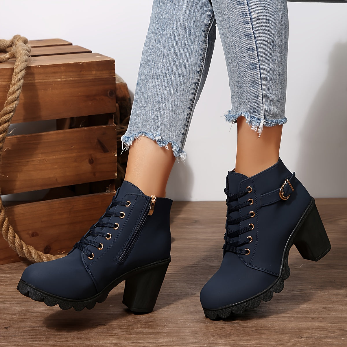 Botines de tacón alto para mujer - Tacón de bloque, elegantes, sin cordones