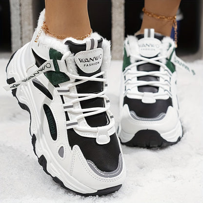 Women’s Cozy Fleece Snow Boots – White & Blue Non-Slip Thick Sole Winter Shoes