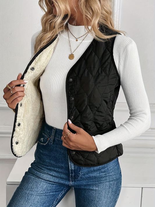 Women’s Warm Lined Zip-Up Winter Vest – Soft V-Neck Outerwear
