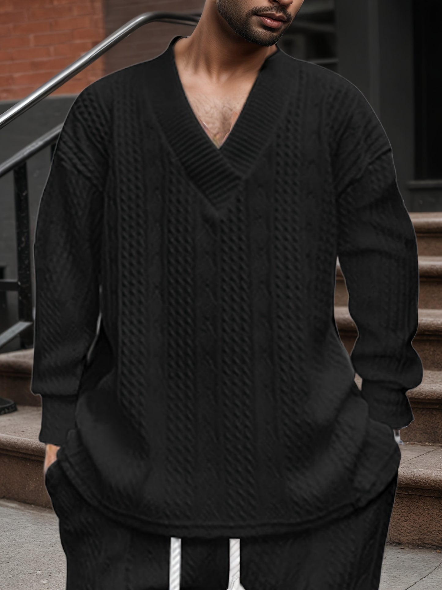 Pull décontracté pour homme en maille col V jacquard côtelé