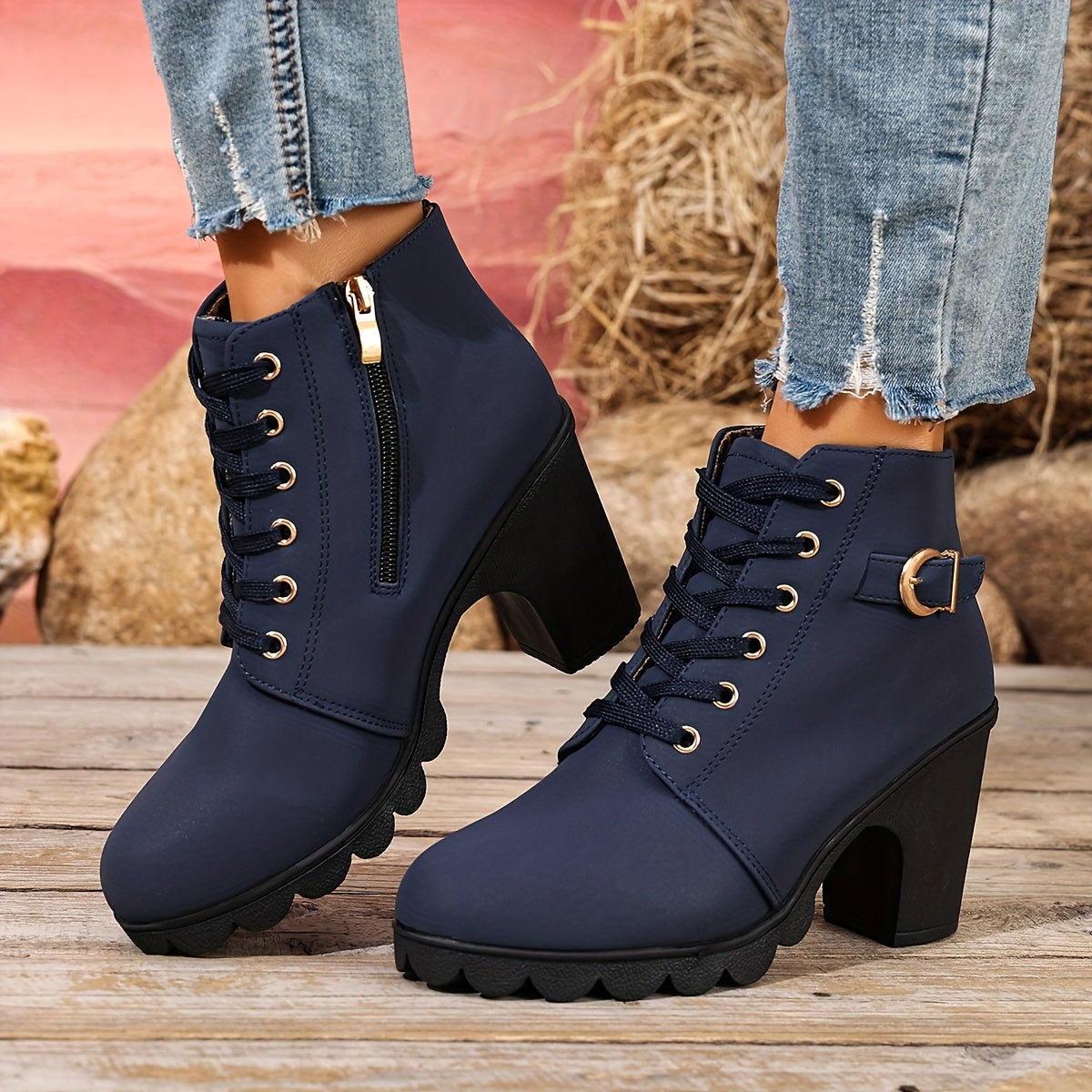 Botines de tacón alto para mujer - Tacón de bloque, elegantes, sin cordones
