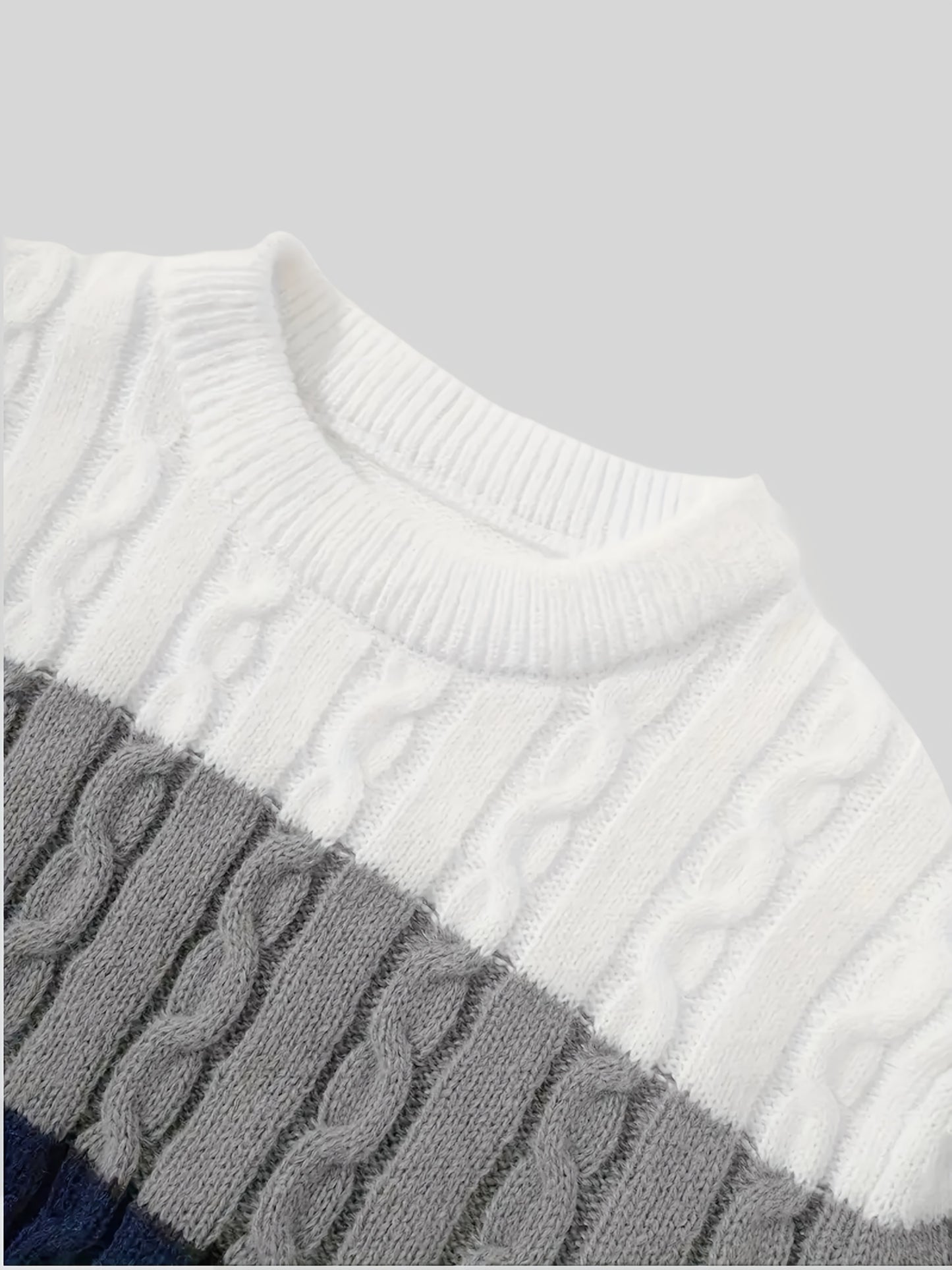 Men’s Color-Block Cable Knit Sweater – Soft Crew Neck Pullover