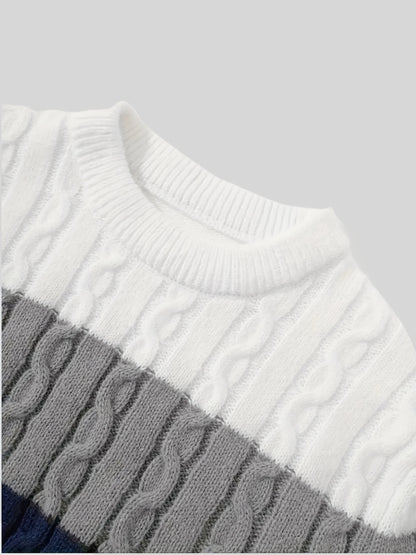 Men’s Color-Block Cable Knit Sweater – Soft Crew Neck Pullover