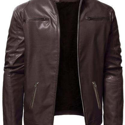 Men’s Windproof PU Jacket – Stand Collar Motorcycle Street Coat