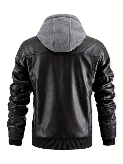 Chaqueta Bomber de Cuero Sintético para Hombre – Con Cremallera y Capucha Removible