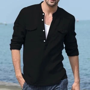 Camisa de Lino y Algodón de Manga Larga para Hombre – Camisa Informal Transpirable con Botones
