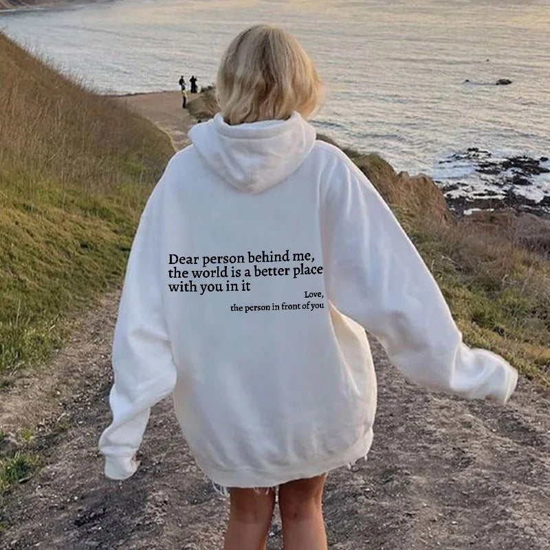 Loom & Soul “Dear Person Behind Me” Hoodie – Women’s Plush Printed Pullover with Kangaroo Pocket & Drawstring Hood (Unisex, Multiple Colors)
