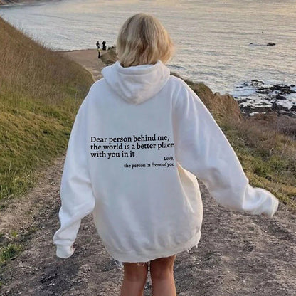 Loom & Soul “Dear Person Behind Me” Hoodie – Women’s Plush Printed Pullover with Kangaroo Pocket & Drawstring Hood (Unisex, Multiple Colors)