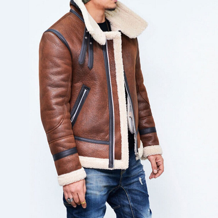 Chaqueta de invierno de piel sintética para hombre - Abrigo con cremallera de cuello alto forrado de piel