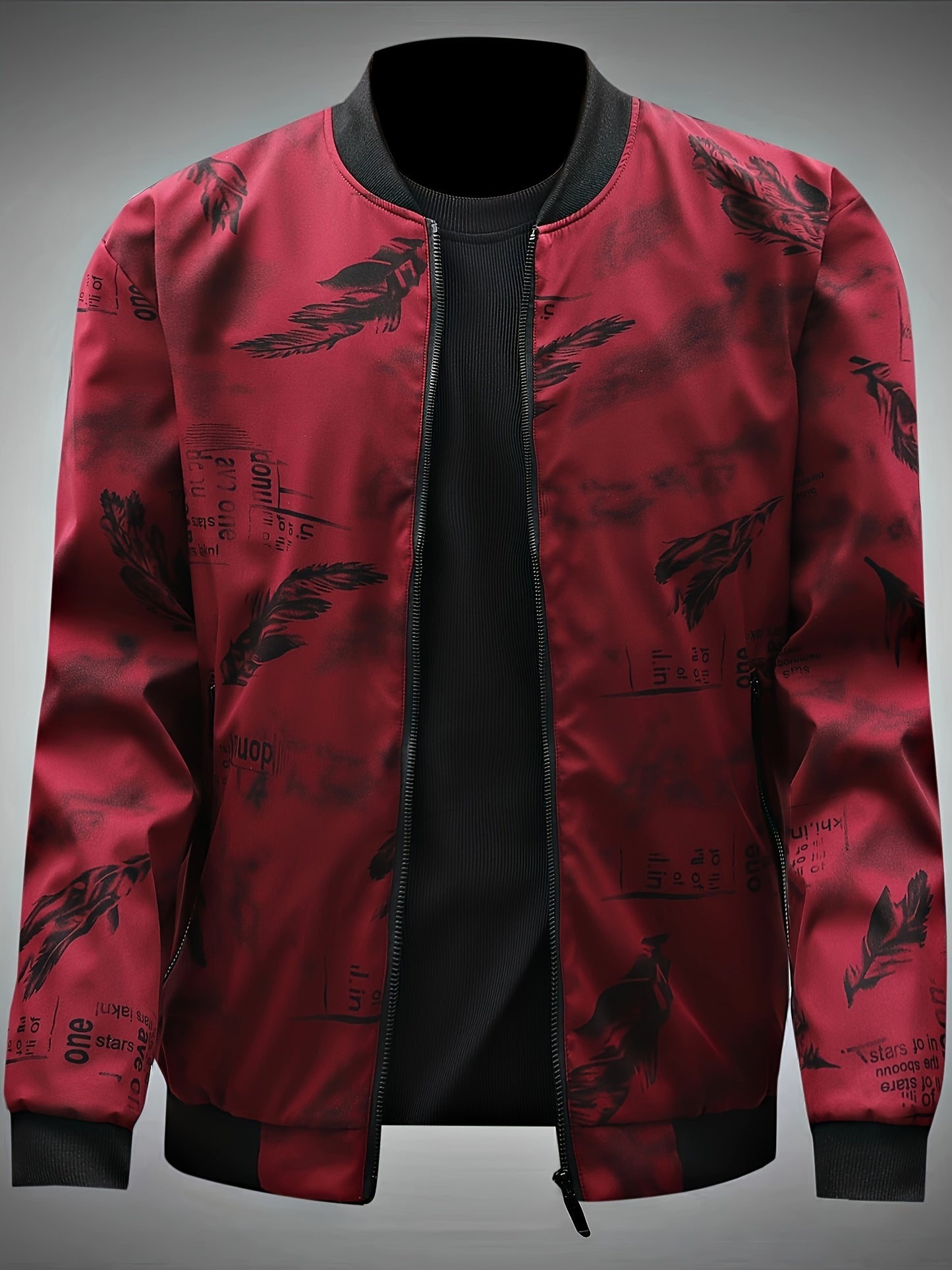 Men’s Feather Print Track Jacket – Zip-Up Baseball Collar Street Coat