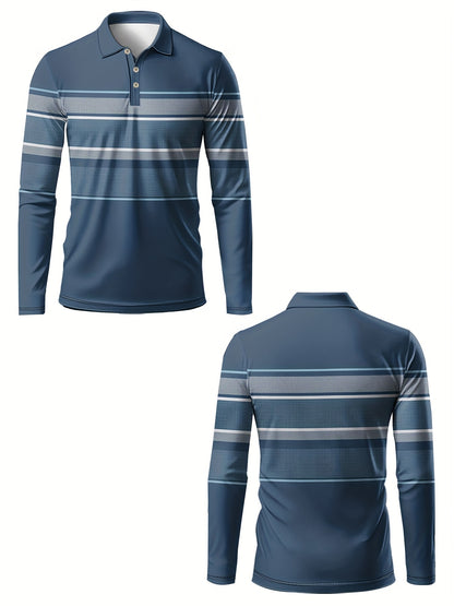 Polo rayé bleu et blanc pour homme – Polo décontracté à manches longues style preppy