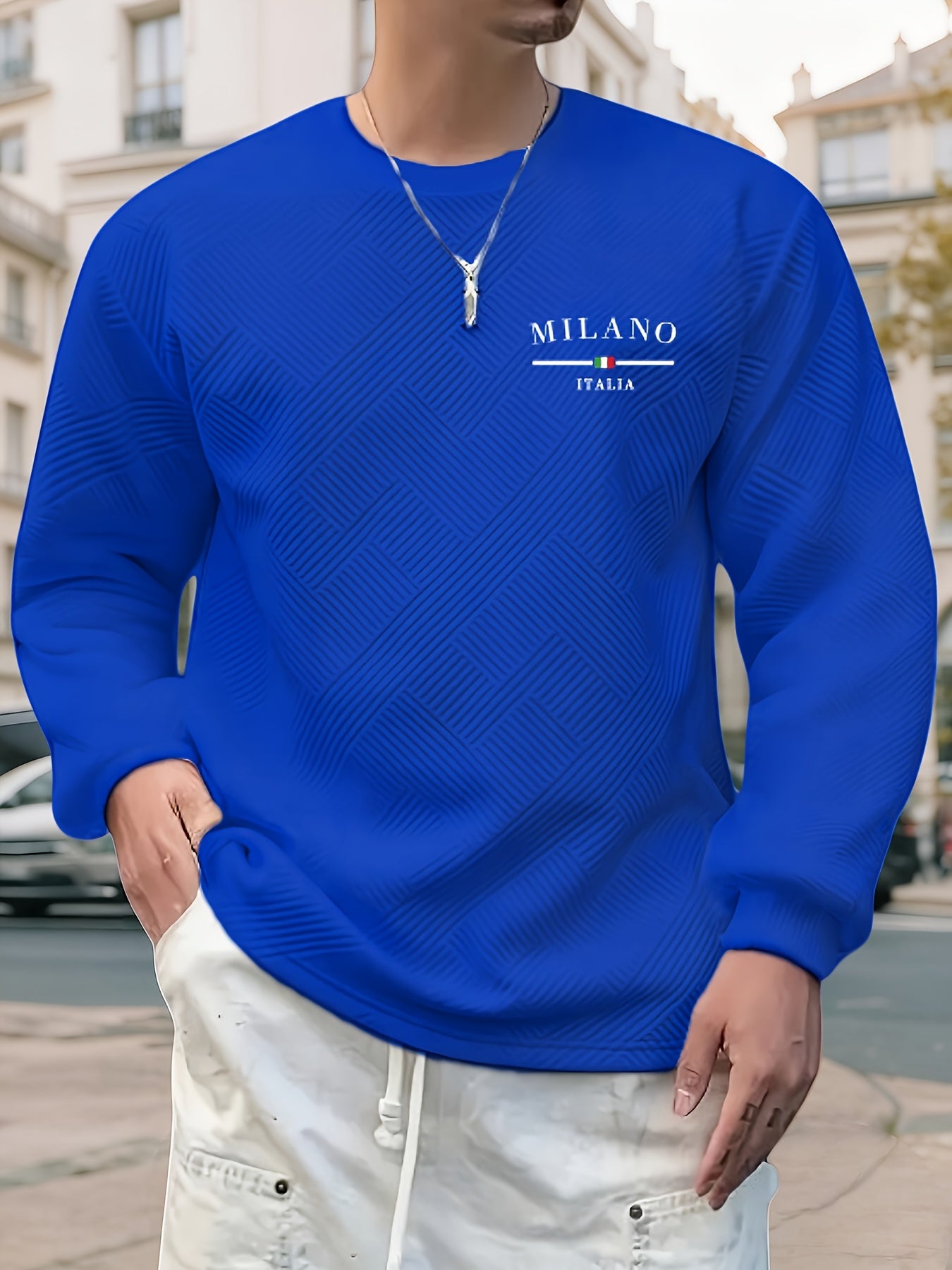 Sweat-shirt ras du cou jacquard homme – Pull décontracté à manches longues motifs géométriques