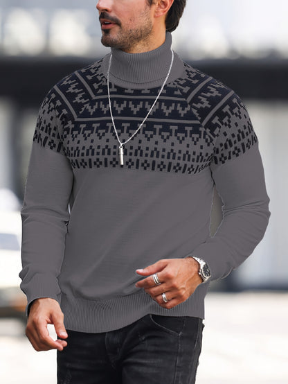 Suéter de cuello alto geométrico para hombre - Suéter informal de punto para otoño e invierno