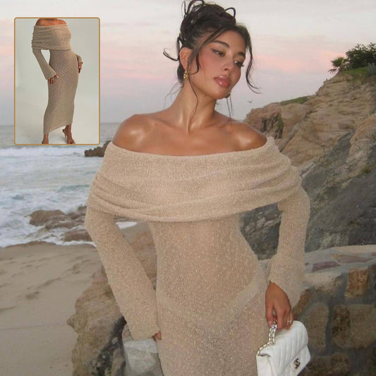 Robe longue en maille à une épaule – Robe de plage élégante à manches longues