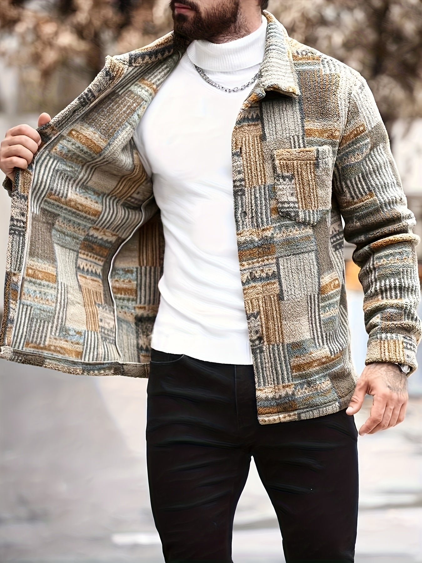 Veste polaire géométrique rétro pour homme – Surchemise boutonnée vintage