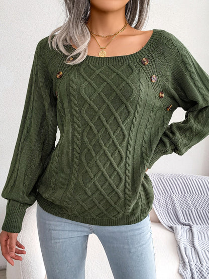 Women’s Textured Lantern Sleeve Sweater – Button Detail Knit Top