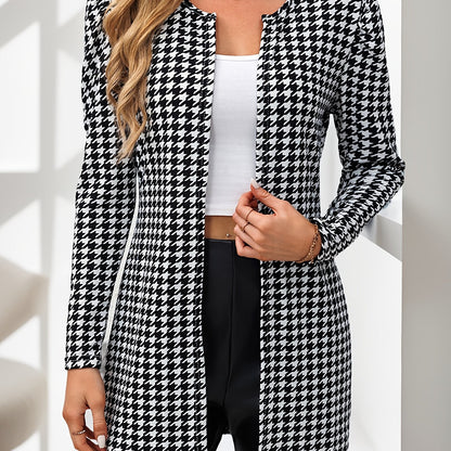 Women’s Houndstooth Cardigan – Elegant Puff-Sleeve Knit Jacket