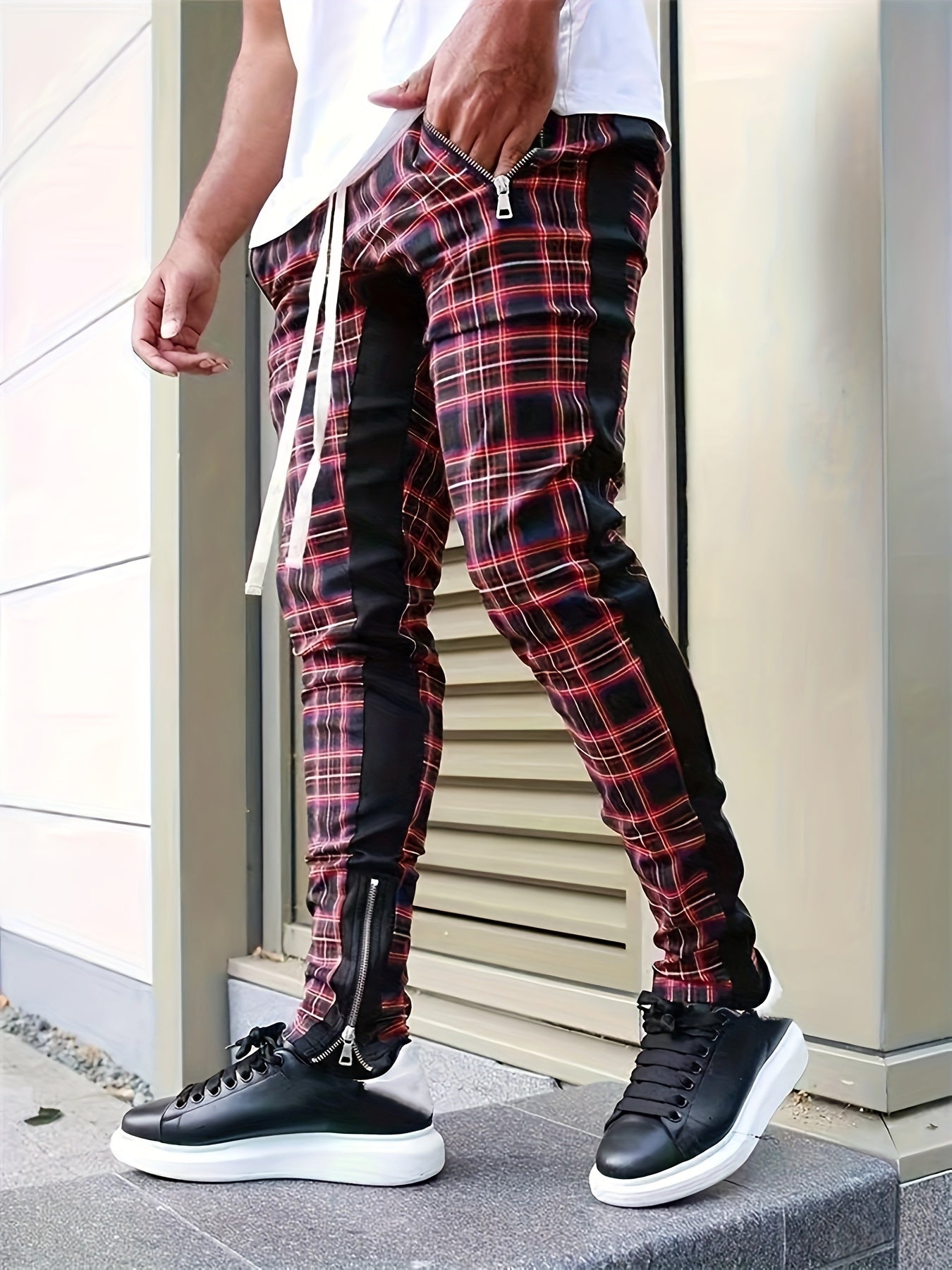 Men’s Red & Black Plaid Joggers – 3D Knit Streetwear Trousers