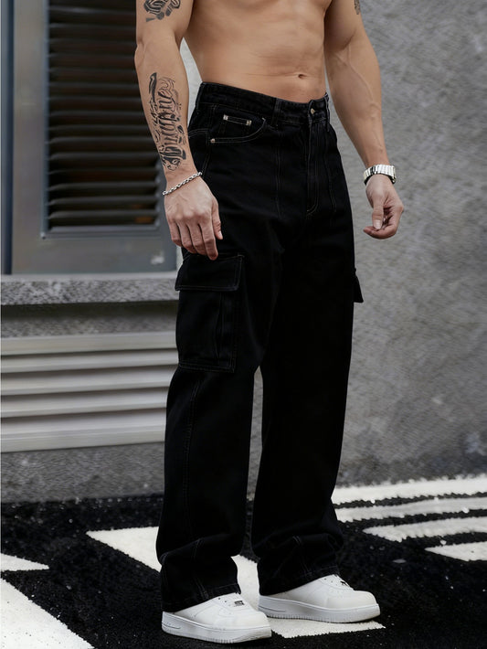 Urban Wide-Leg Denim – Faded Blue Multi-Pocket Jeans