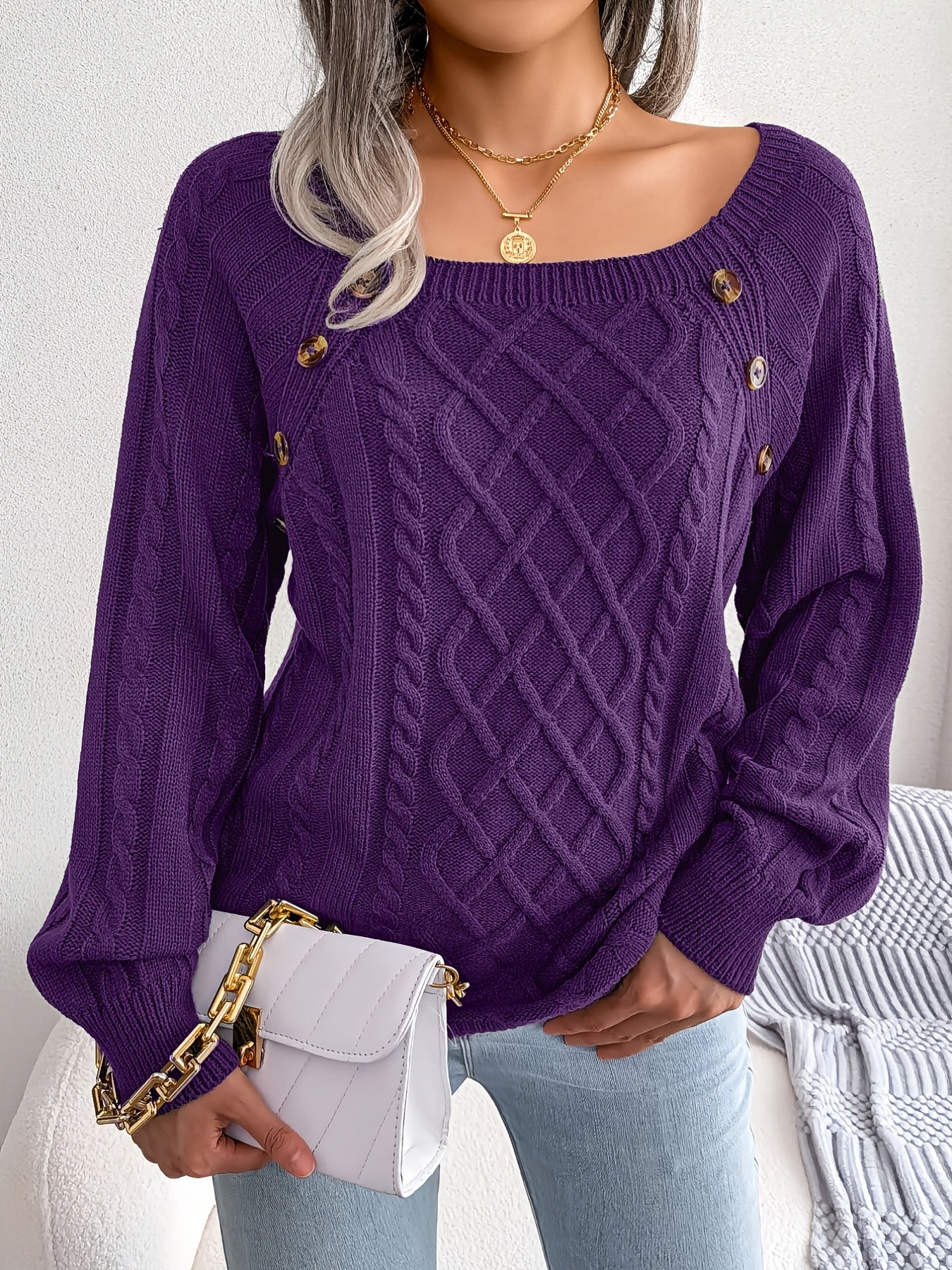 Women’s Textured Lantern Sleeve Sweater – Button Detail Knit Top