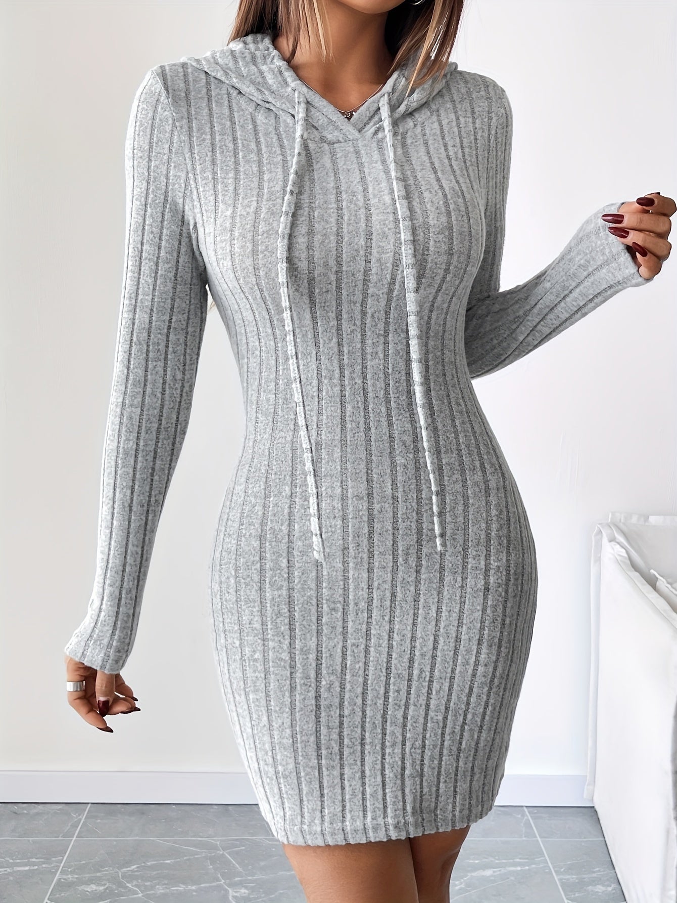 Women’s Ribbed Hooded Bodycon Dress – Drawstring Long Sleeve Pencil Fit