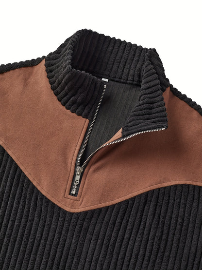 Men’s Stand Collar Half-Zip Pullover – Warm Ribbed Retro Sweatshirt