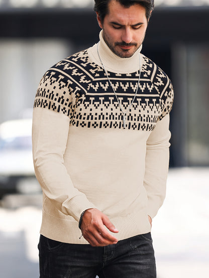 Suéter de cuello alto geométrico para hombre - Suéter informal de punto para otoño e invierno