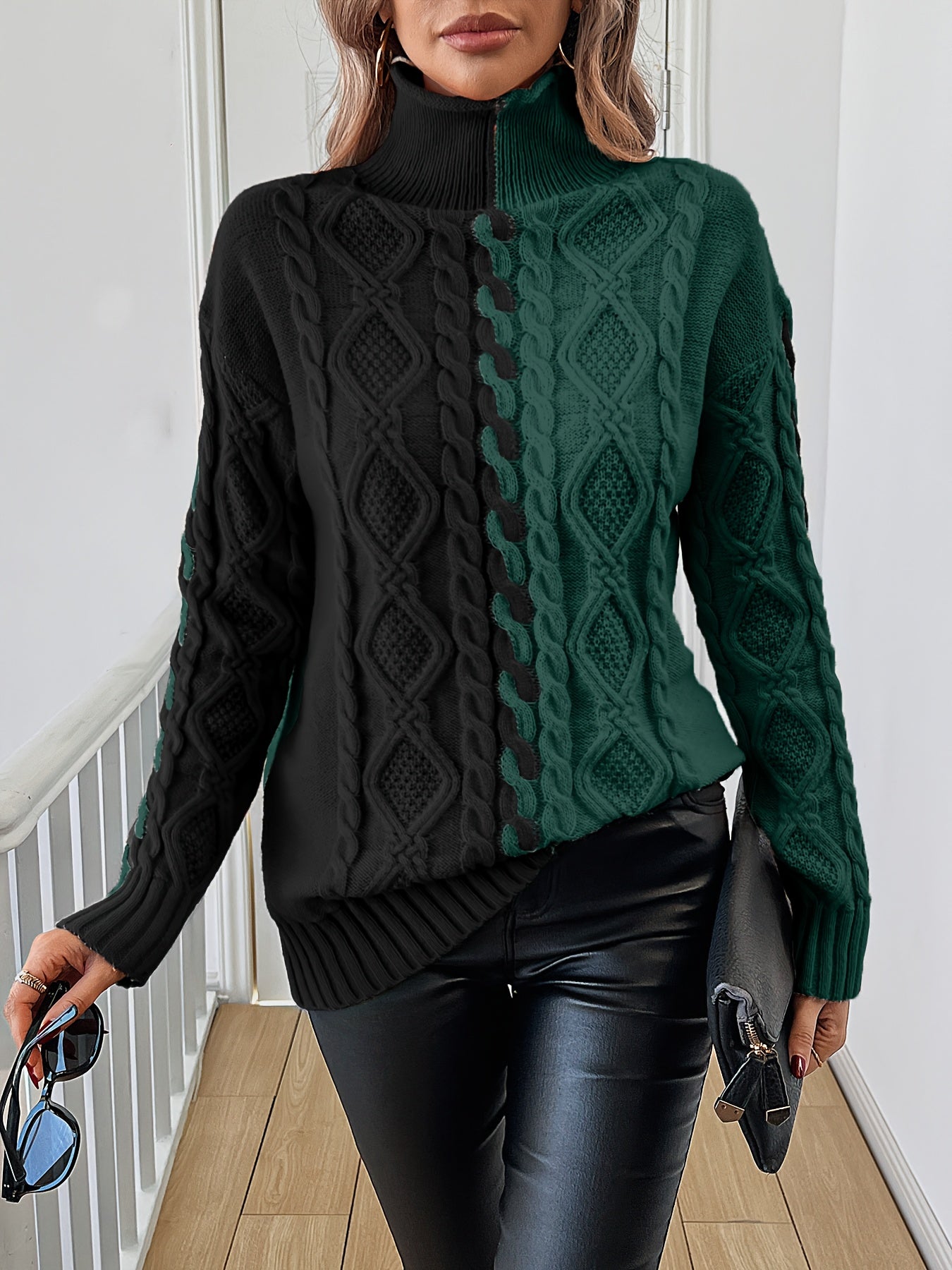 Elegant High-Neck Striped Blouse – Color-Block Knit Long Sleeve Top