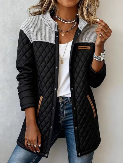 Women’s Patchwork Knit Jacket with Pockets – Elegant Longline Fit