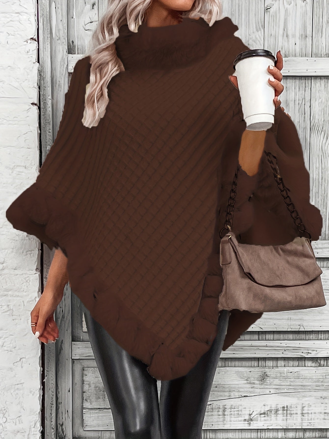 Women’s Faux Fur Cape Coat – Elegant Plush Collar Winter Outerwear