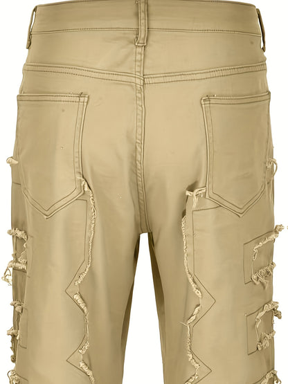 Men's Distressed Slim-Fit Jeans – Layered Rips & Patchwork Street Denim