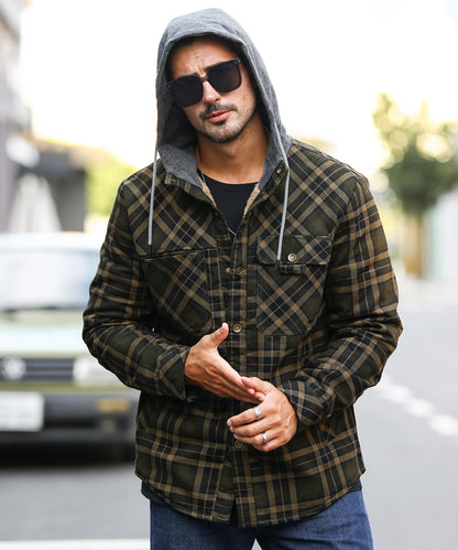 Men’s Plaid Flannel Hooded Jacket – Asymmetrical Button Tartan Coat