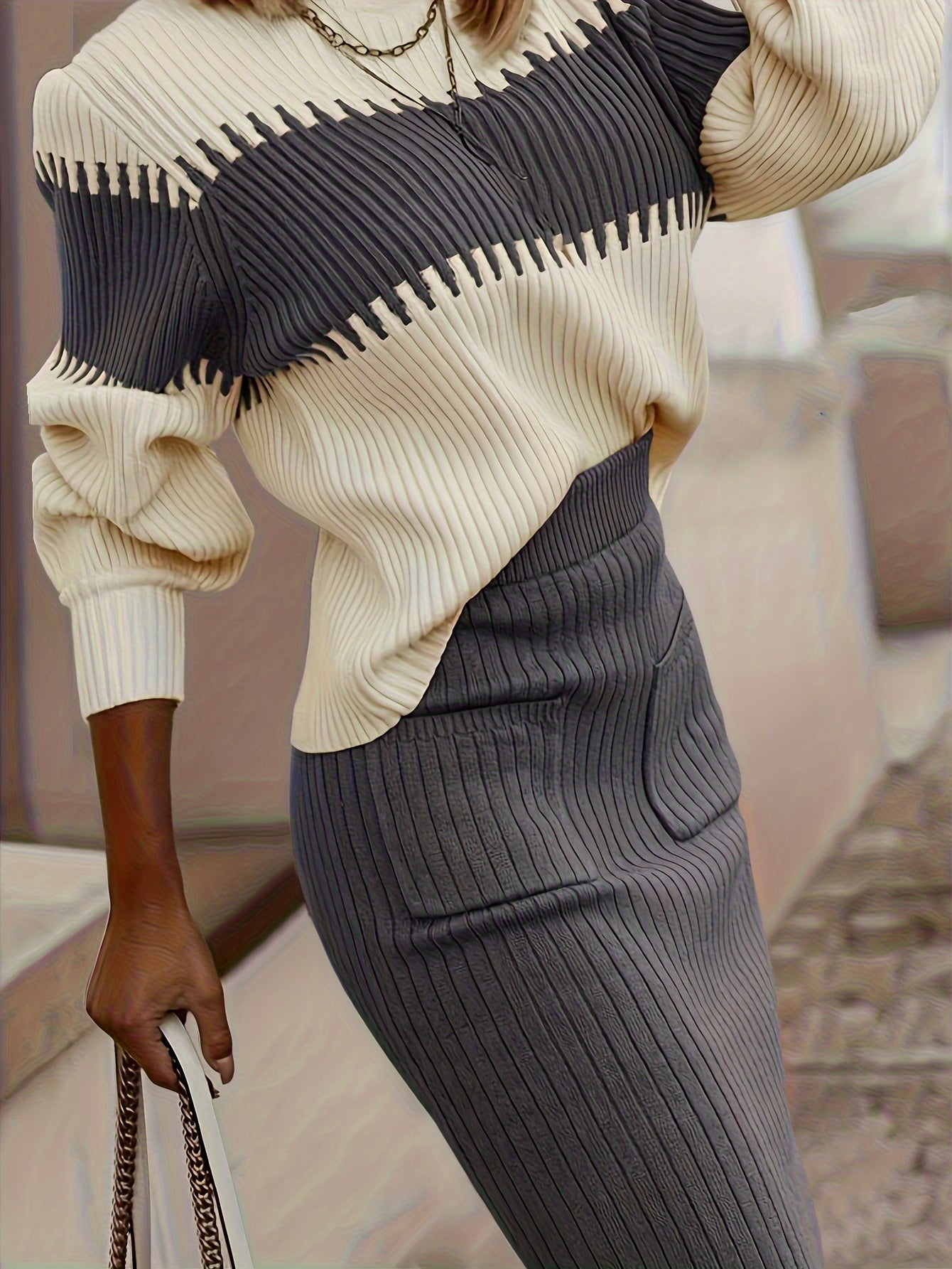 High Neck Color-Block Sweater & Skirt Set – Elegant Winter Two-Piece