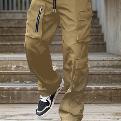 Men’s Green Cargo Pants – Loose Straight-Leg Elastic Waist Trousers