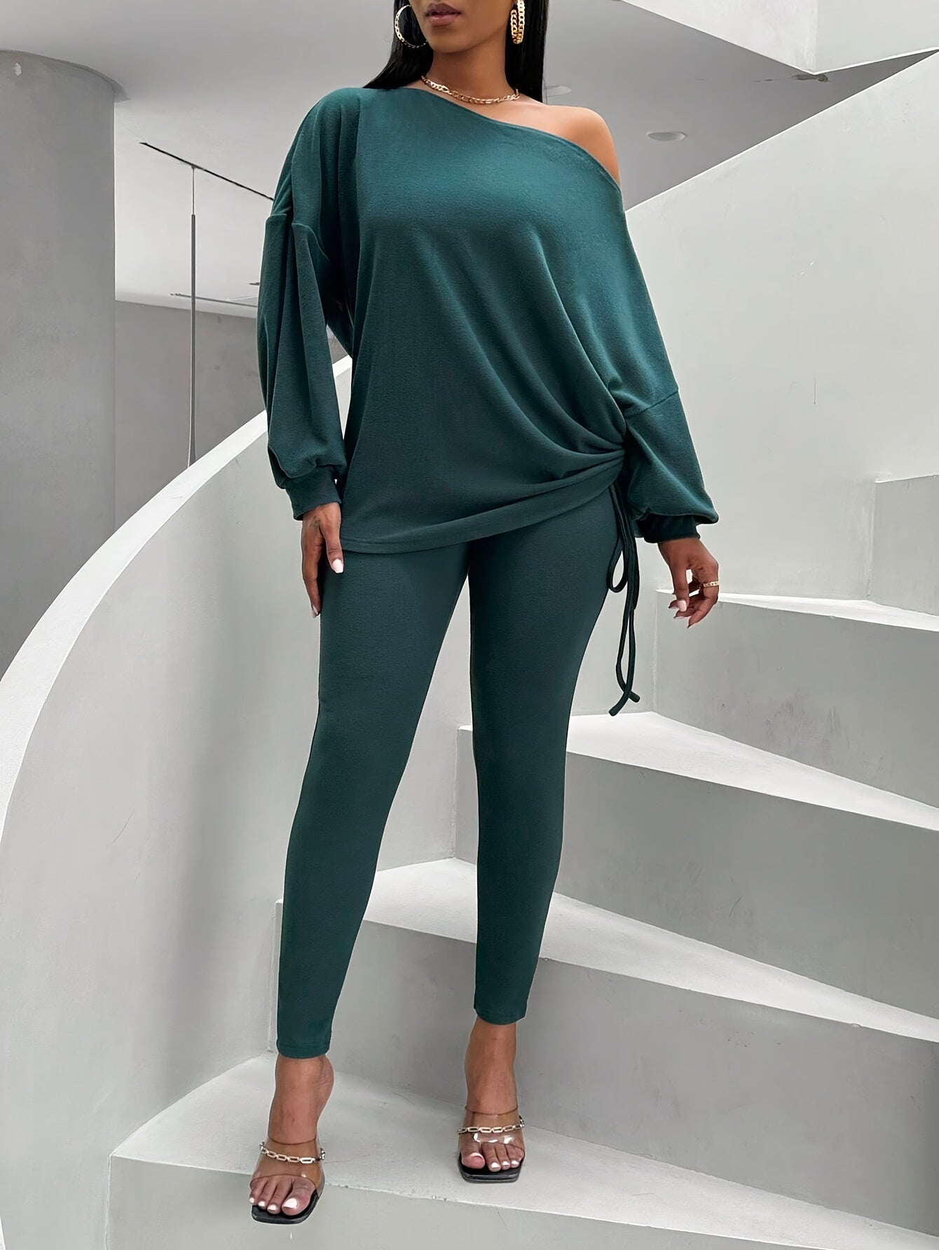 Women’s One-Shoulder 2-Piece Set – Lantern Sleeve Top & Skinny Leggings