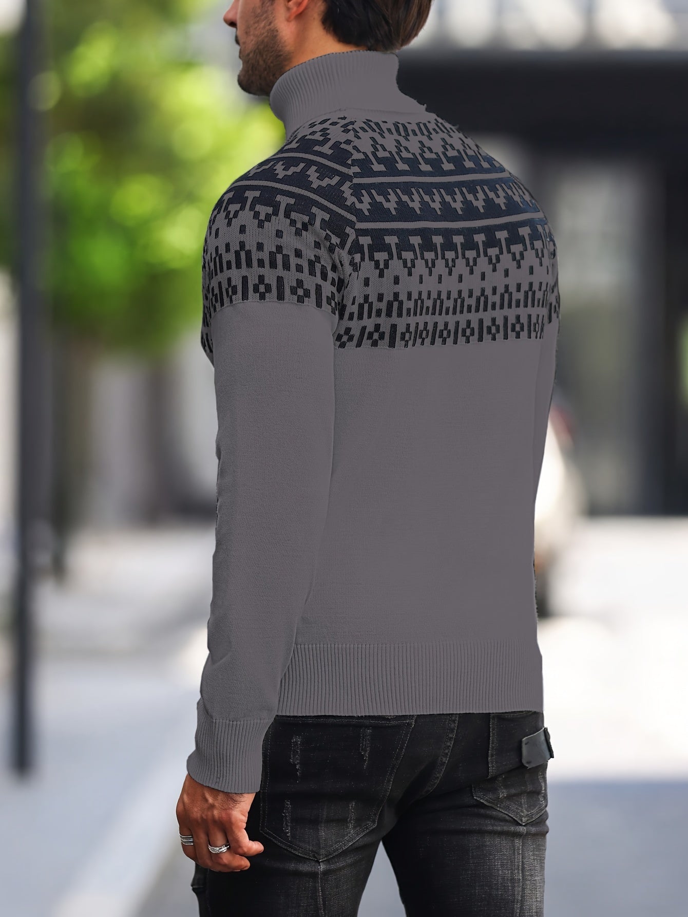 Suéter de cuello alto geométrico para hombre - Suéter informal de punto para otoño e invierno