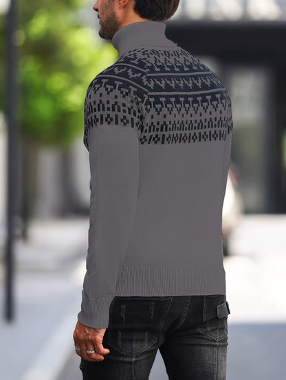 Suéter de cuello alto geométrico para hombre - Suéter informal de punto para otoño e invierno