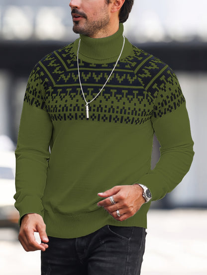 Suéter de cuello alto geométrico para hombre - Suéter informal de punto para otoño e invierno