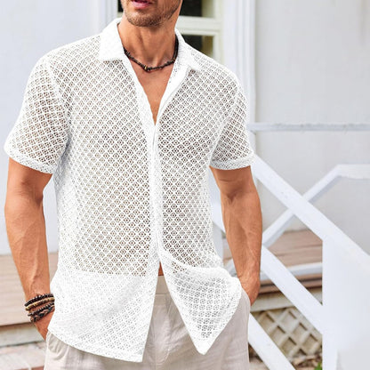Loom & Soul™ Summer Mesh Short Sleeve Shirt – Men’s Lightweight Lapel Beach Top