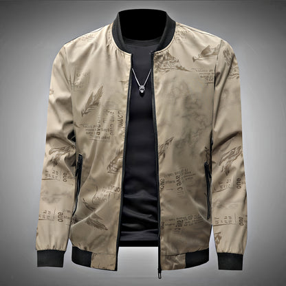 Men’s Feather Print Track Jacket – Zip-Up Baseball Collar Street Coat