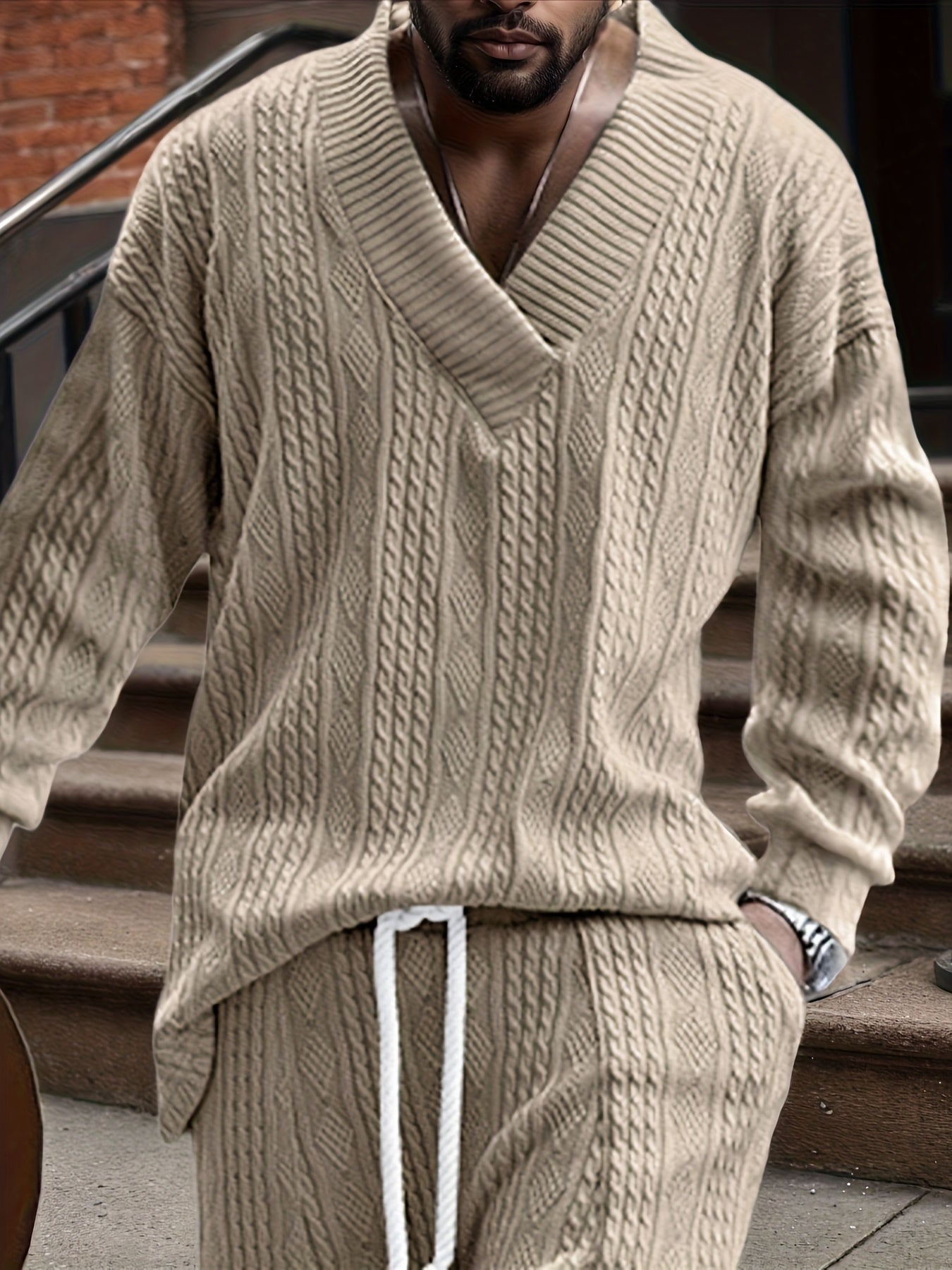 Pull décontracté pour homme en maille col V jacquard côtelé