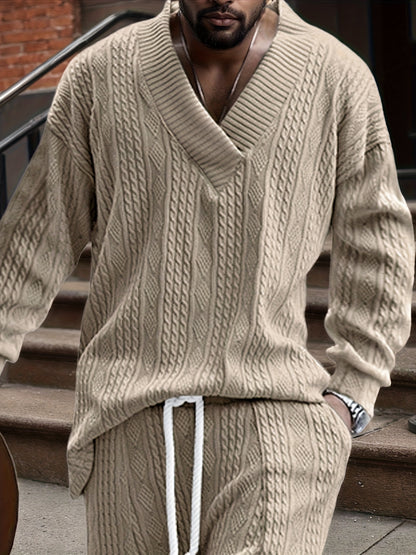 Pull décontracté pour homme en maille col V jacquard côtelé