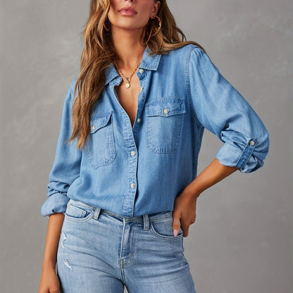 Camisa vaquera de botones para mujer – Blusa de trabajo casual de manga larga